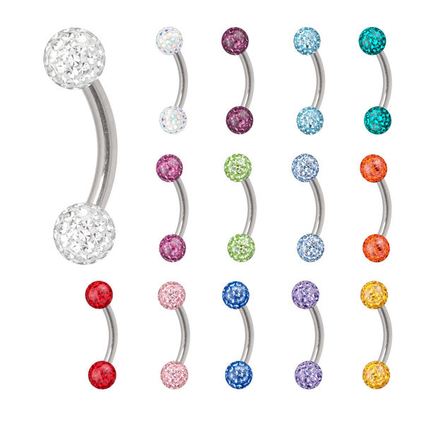 Varios Micro Bananabells de titanio con bolas de cristal coloridas sobre fondo blanco