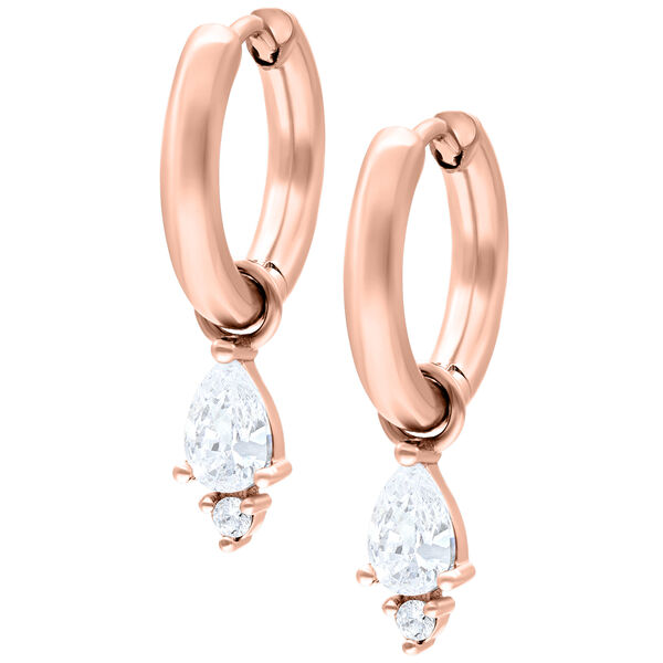 Orecchini in oro rosa con cristalli chiari su sfondo bianco