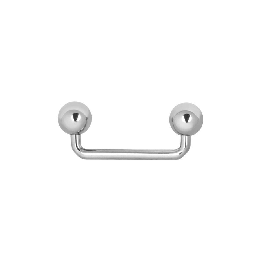 Piercing de superficie plateado de titanio con dos bolas sobre fondo blanco