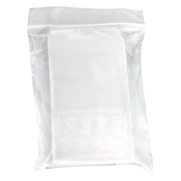 Sacchetto trasparente in plastica con chiusura a pressione, 100x150mm, su sfondo bianco