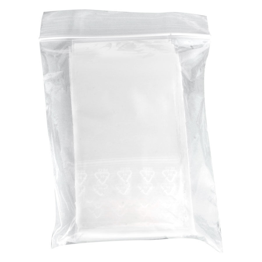Sacchetto trasparente in plastica con chiusura a pressione, 100x150mm, su sfondo bianco
