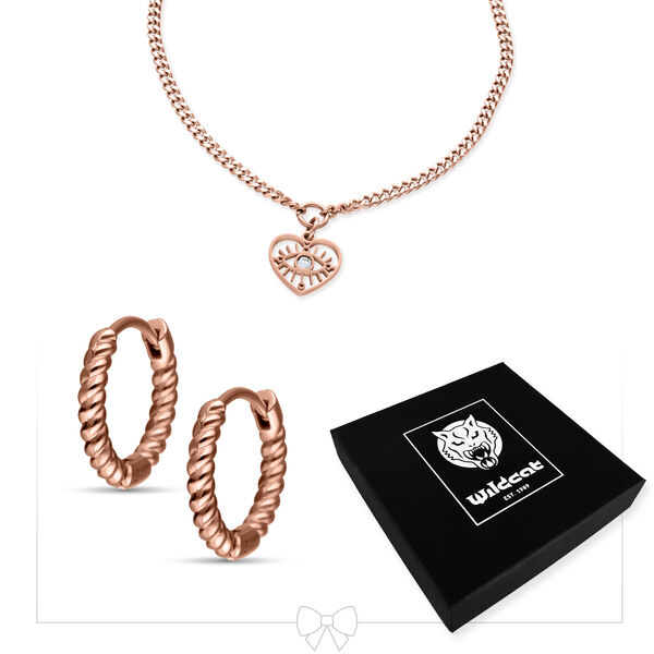 Collana in oro rosa con ciondolo a cuore e creole abbinate, scatola Wildcat