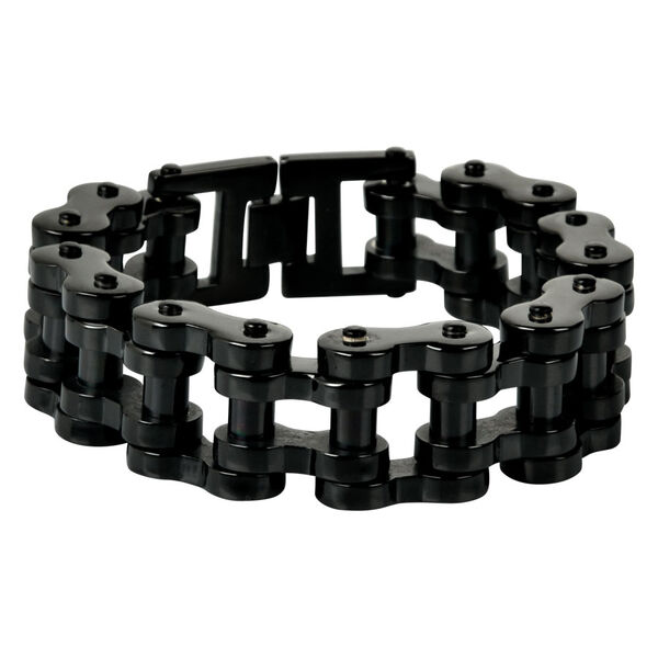 Pulsera Bikechain negra de acero quirúrgico 316L sobre fondo blanco