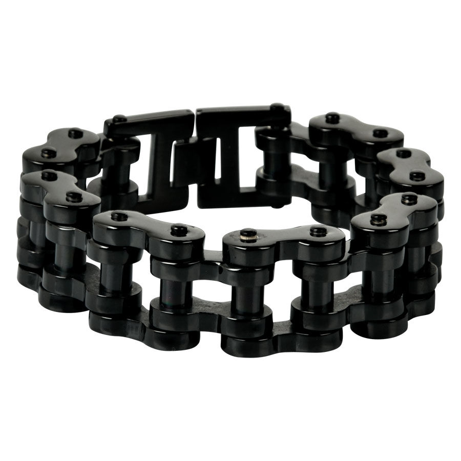 Bracciale Bikechain nero in acciaio chirurgico 316L su sfondo bianco