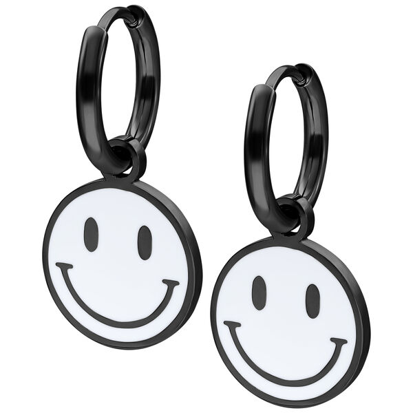 Schwarze Ohrringe mit weißem Smiley-Anhänger auf weißem Hintergrund