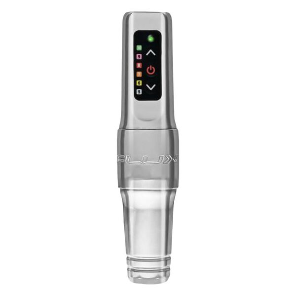 Máquina de tatuar FK Irons Microbeau Flux Mini plateada sobre fondo blanco