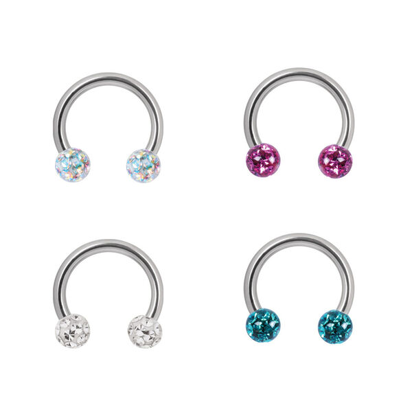 Colorido Titanio Circular Barbell con Cristales Cuatro Titanio Circular Barbells con cristales de colores sobre fondo blanco