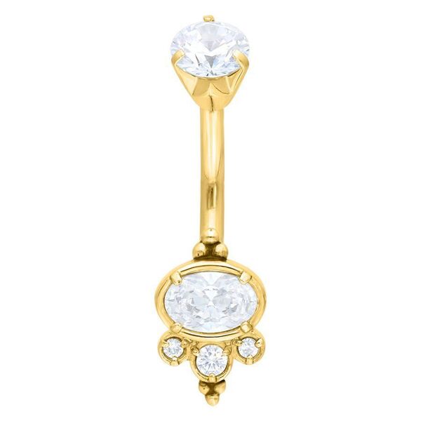 Bauchnabelpiercing aus goldfarbenem Chirurgenstahl mit klaren Kristallen, Länge 8 mm