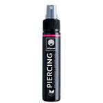 Schwarze Piercingspray-Flasche mit grauem Sprühkopf auf weißem Hintergrund