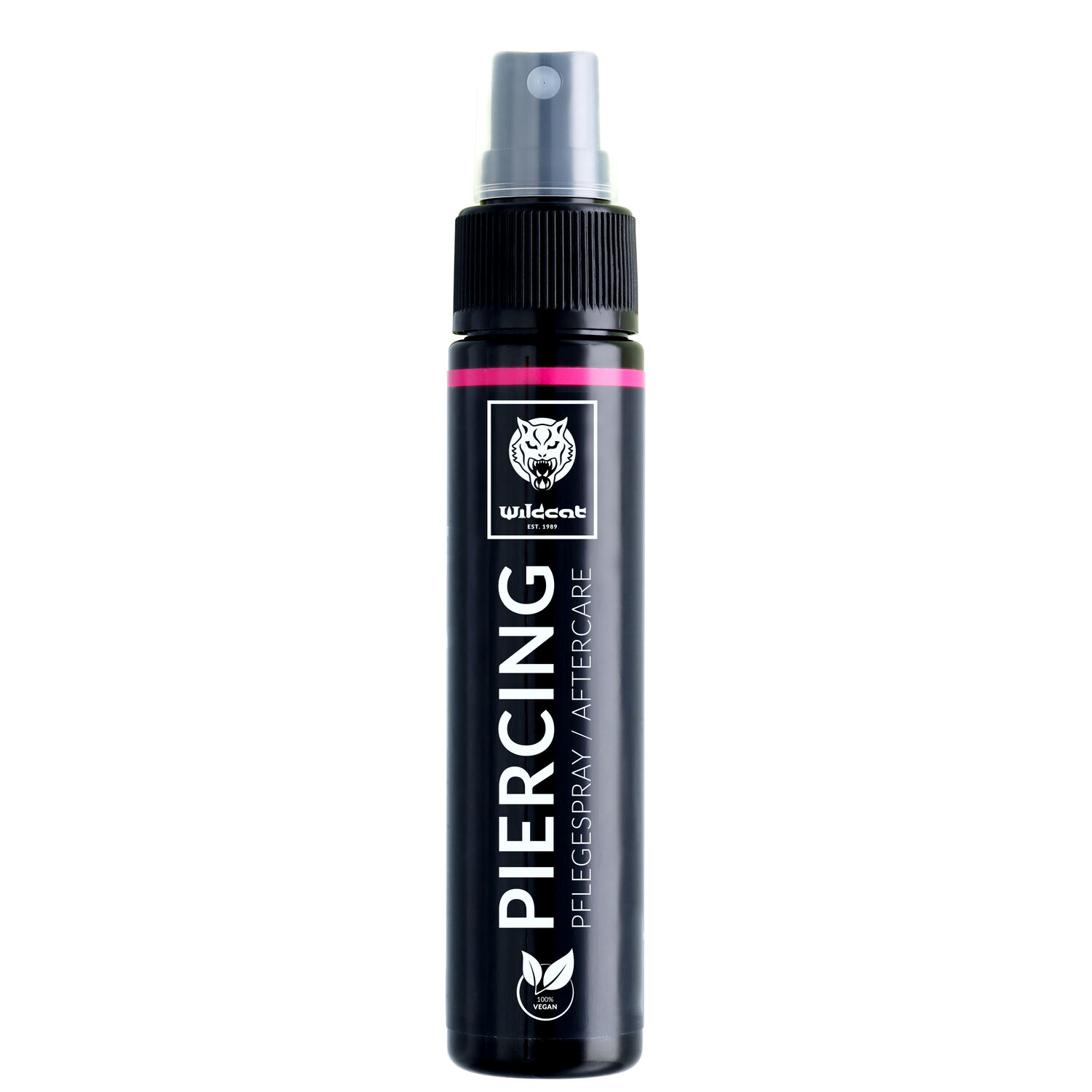 Piercingspray 60ml mit Aloe Vera Schwarze Piercingspray-Flasche mit grauem Sprühkopf auf weißem Hintergrund