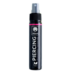 Piercingspray 60ml mit Aloe Vera Schwarze Piercingspray-Flasche mit grauem Sprühkopf auf weißem Hintergrund