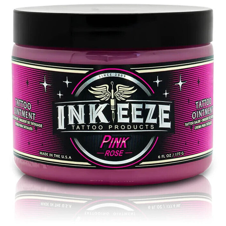 Crema para tatuajes de color rosa de Ink Eeze, 180 ml, sobre fondo blanco