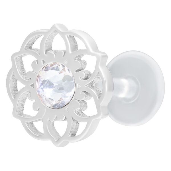 Silbernes Labret mit Mandala-Blumenform und klarem Kristall auf weißem Hintergrund