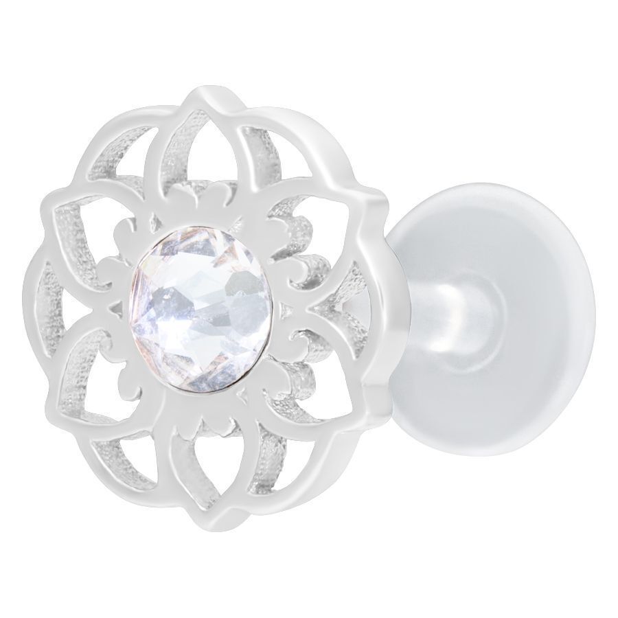 Labret argento con forma di fiore Mandala e cristallo chiaro su sfondo bianco