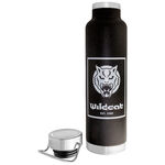 Schwarze Vakuum Isolierflasche mit Wildcat Logo auf weißem Hintergrund