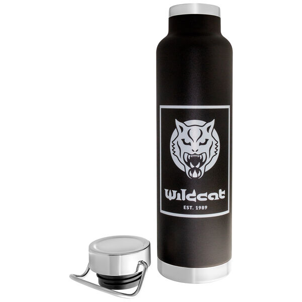 Musta tyhjiöeristetty pullo Wildcat-logolla valkoisella taustalla