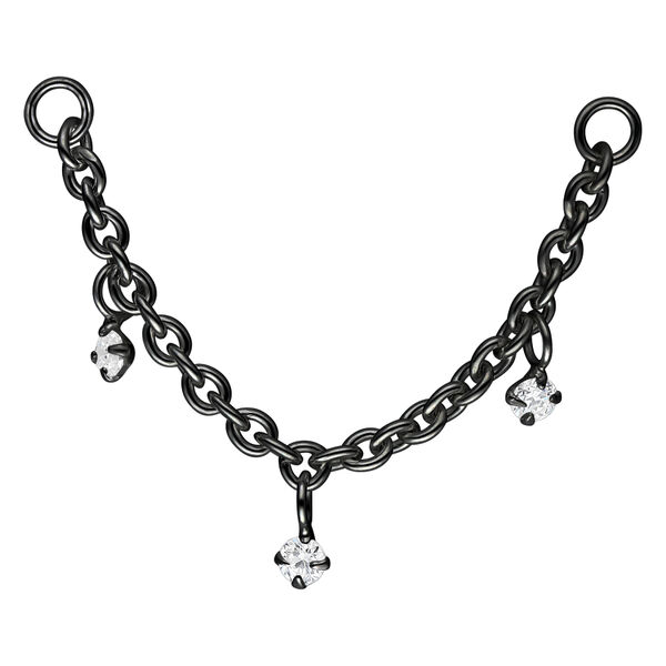 Cadena de metal negro con tres colgantes cristalinos sobre fondo blanco