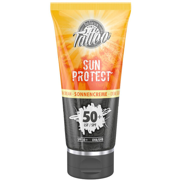 100 ml tuubi Believa Tattoo Sun Protect SPF 50+ valkoisella taustalla