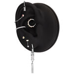 Schwarzes Ohrmodell mit verschiedenen Piercings und Creolen in Silber und Kristall.