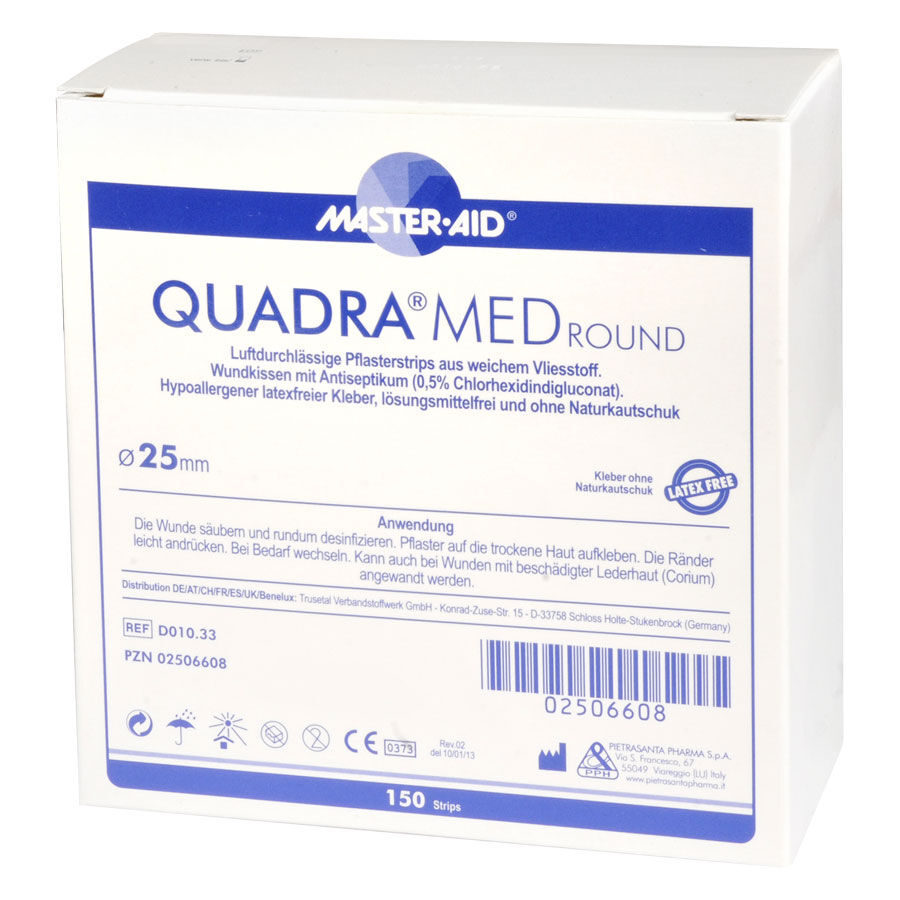 Confezione bianca con dettagli blu per Quadra Med Round Cerotto 25mm