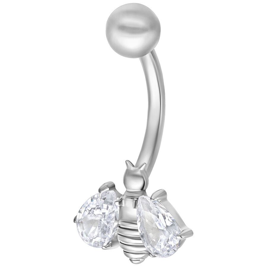 Silbernes Bauchnabelpiercing mit Kristallbiene auf weißem Hintergrund