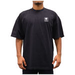 Camiseta negra unisex Oversized con cuello Mock, algodón, persona lleva talla L