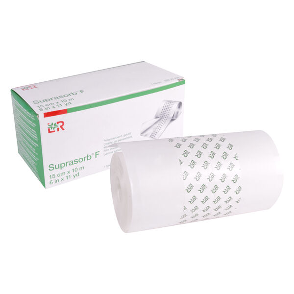 Suprasorb® bendaggio in film arrotolato davanti alla confezione su sfondo bianco