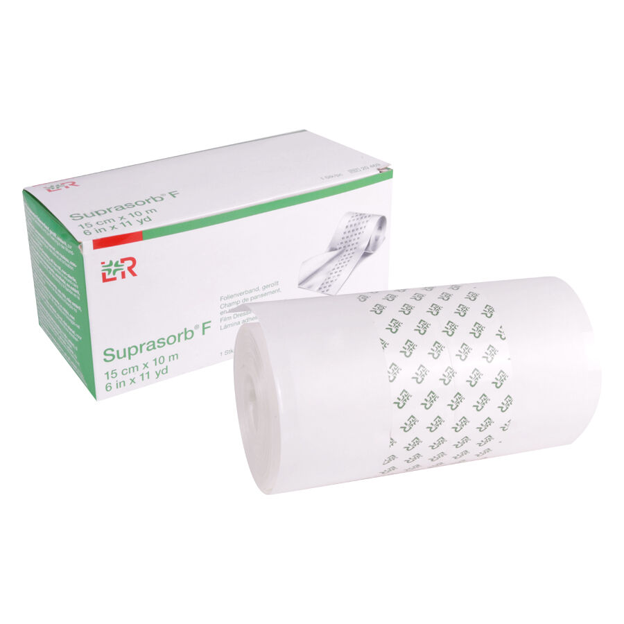 Suprasorb® bendaggio in film arrotolato davanti alla confezione su sfondo bianco