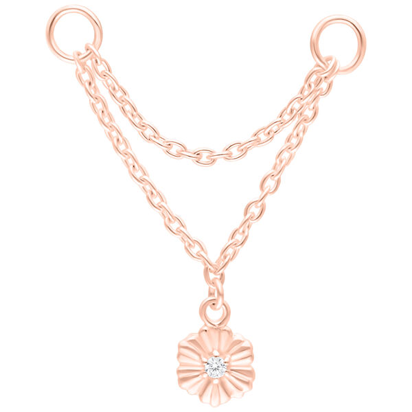 Catena piercing in oro rosa con ciondolo hibiscus su sfondo bianco