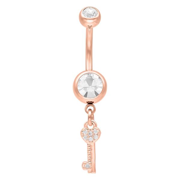 Bauchnabelpiercing in Roségold mit funkelndem Schlüsselanhänger auf weißem Hintergrund