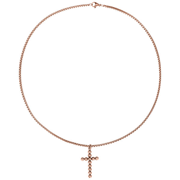 Collar de acero quirúrgico 316L en oro rosa con colgante de cruz sobre fondo blanco