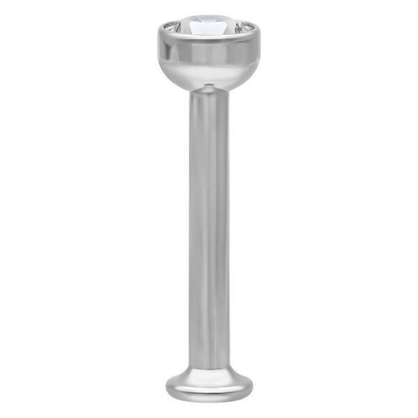 Mini labret de titan plateado con cristal claro sobre fondo blanco