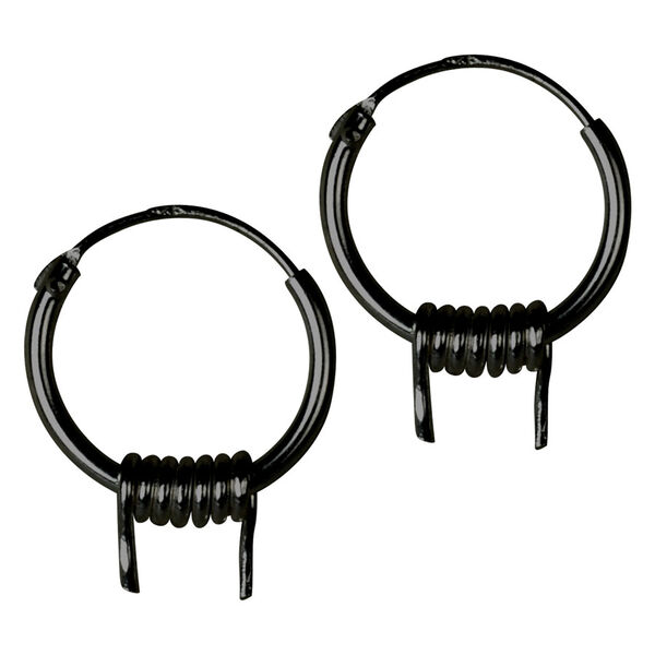 Dos pendientes de plata negra con diseño de malla sobre fondo blanco