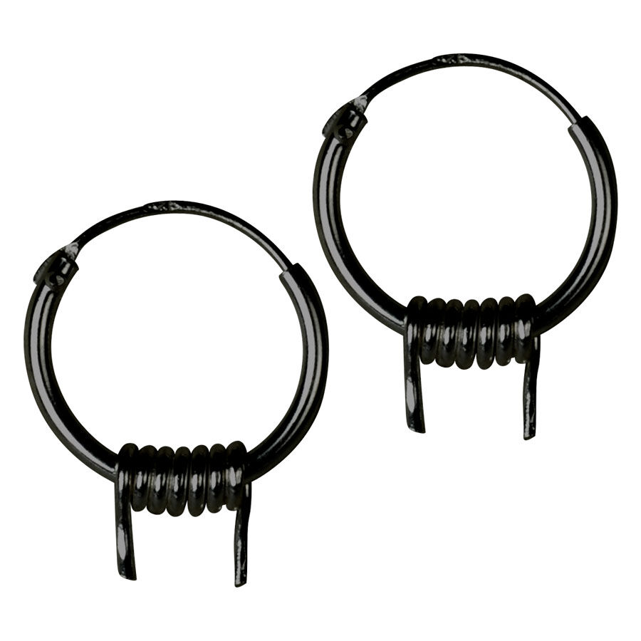 Dos pendientes de plata negra con diseño de malla sobre fondo blanco