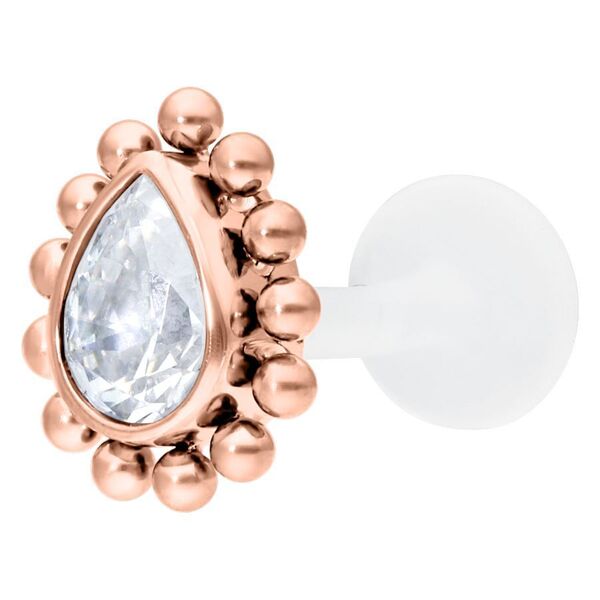 Labret de oro rosa con gota de cristal claro y barra de PTFE