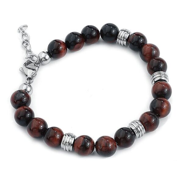 Pulsera unisex de piedras marrones y elementos plateados sobre fondo blanco