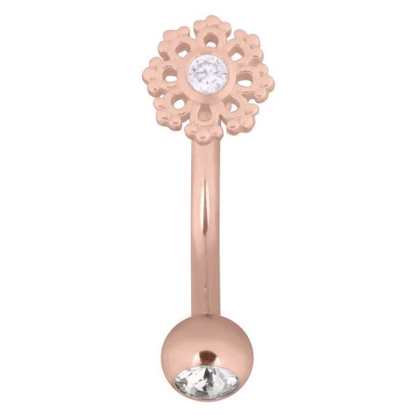 Rosékultainen Micro Bananabell lumihiutale-designilla ja kirkkailla kristalleilla valkoisella taustalla