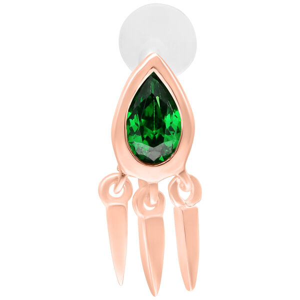 Labret Push Fit con smeraldo verde, oro rosa, 5 mm su sfondo bianco