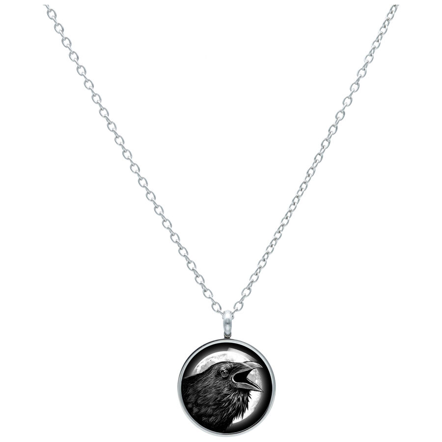 Collana argentata con ciondolo rotondo e motivo di corvo su sfondo bianco