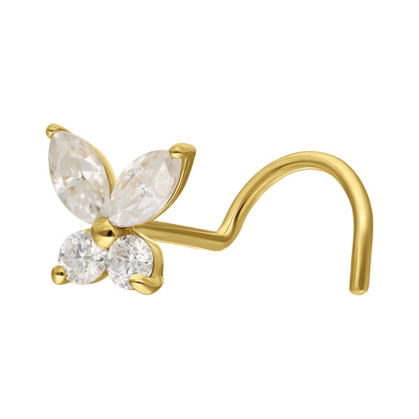 Nostril en Oro 14K en forma de mariposa con cristales claros de Moissanita sobre fondo blanco