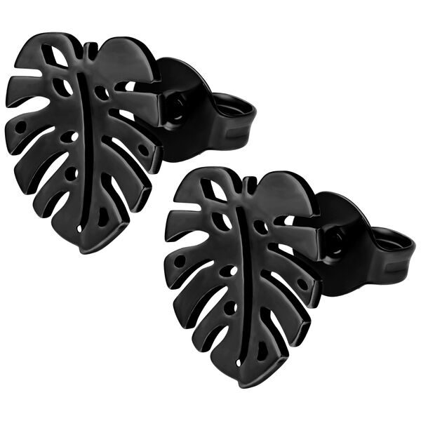 Schwarze Monstera Ohrstecker aus hochglanzpoliertem Titan auf weißem Hintergrund