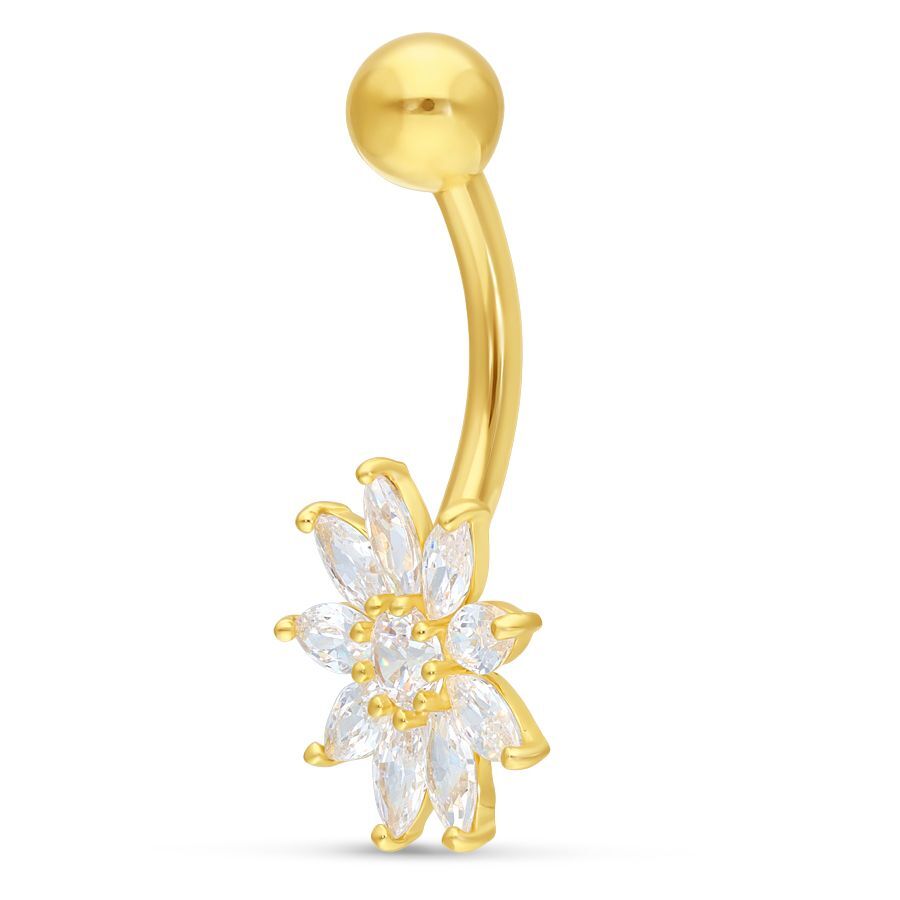 Piercing ombelico in oro 18k con fiore di cristallo su sfondo bianco