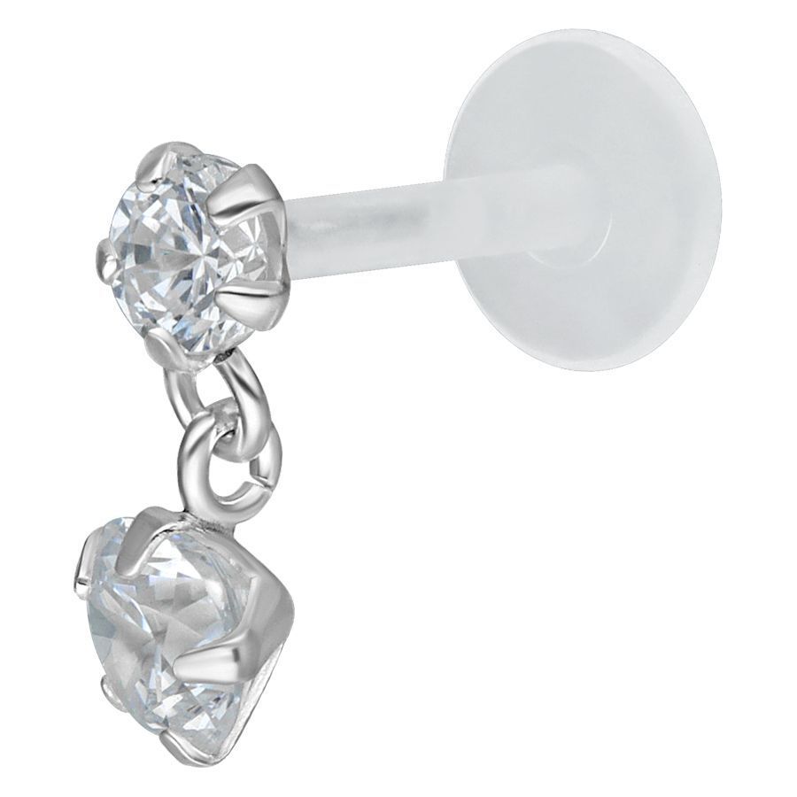 Labret Push-Fit in argento con pendente di cristallo chiaro su sfondo bianco