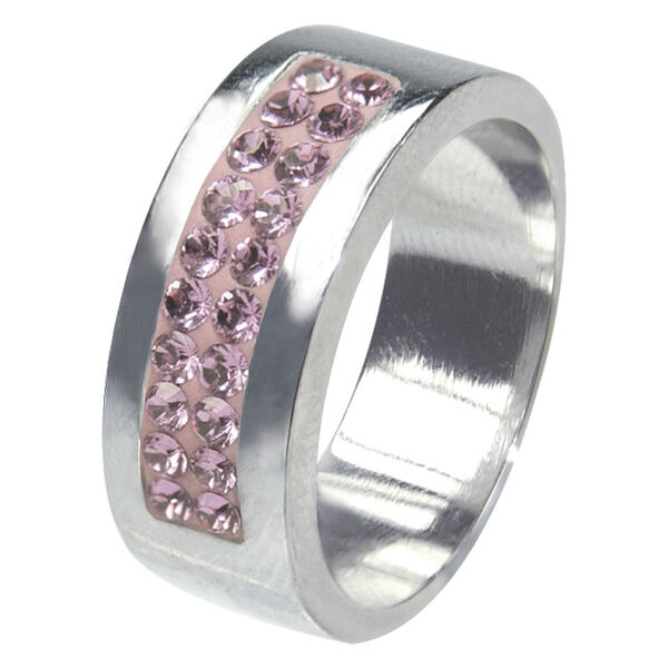 Silberner Ring mit rosa Kristallen, Größe 48, auf weißem Hintergrund