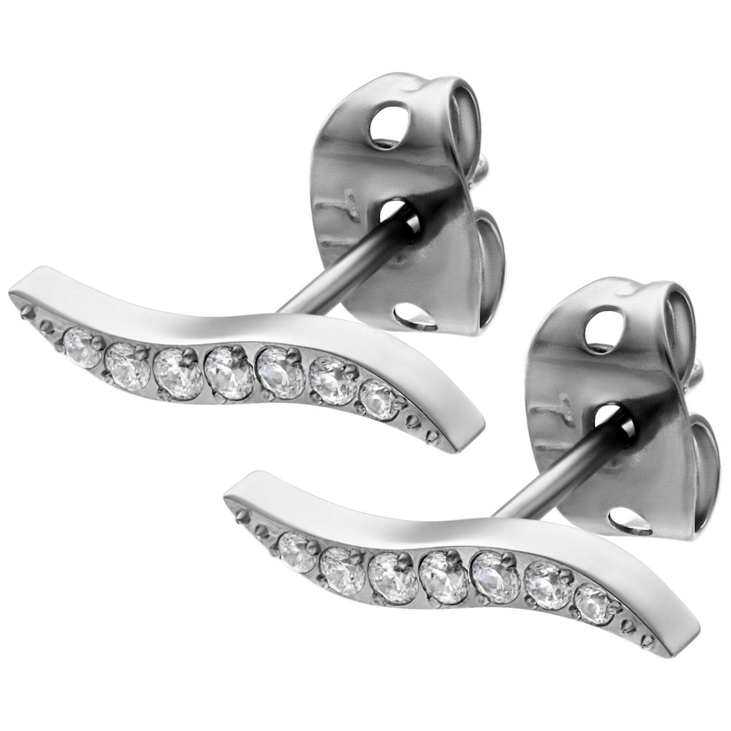 Elegante Kristall Ohrstecker in Silber Zwei silberne Ohrstecker mit klaren Kristallen auf weißem Hintergrund