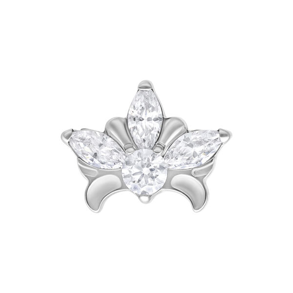 Rifinitura Tiara in metallo argento con cristalli chiari su sfondo bianco
