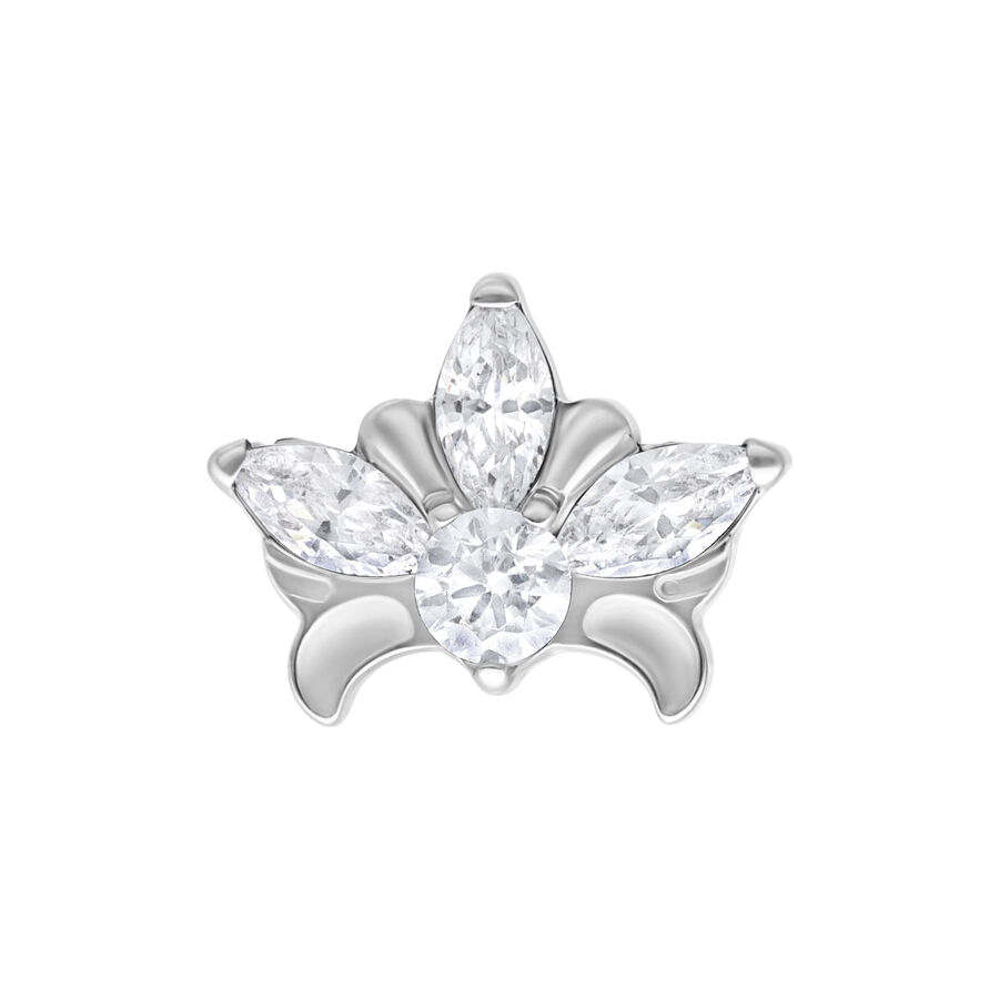 Rifinitura Tiara in metallo argento con cristalli chiari su sfondo bianco