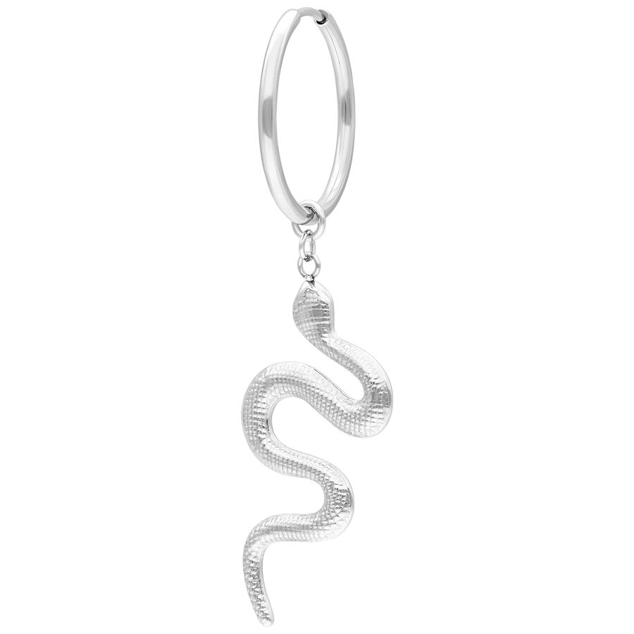 Orecchino color argento con pendente a forma di serpente su sfondo bianco
