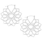 Due orecchini a cerchio kaleidoscopio argento in acciaio chirurgico su sfondo bianco