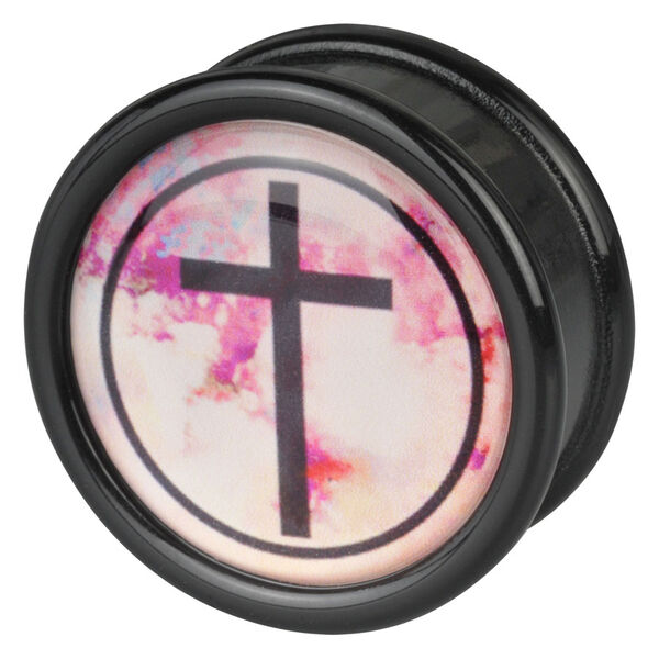 Schwarzer Plug mit rosa Kreuzdesign auf weißem Hintergrund